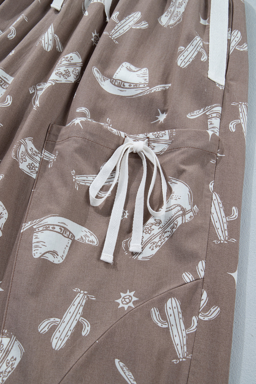 Khaki Western Cactus Cowgirl Hat Boot Printed Vintage Drawstring Jogger Pants
