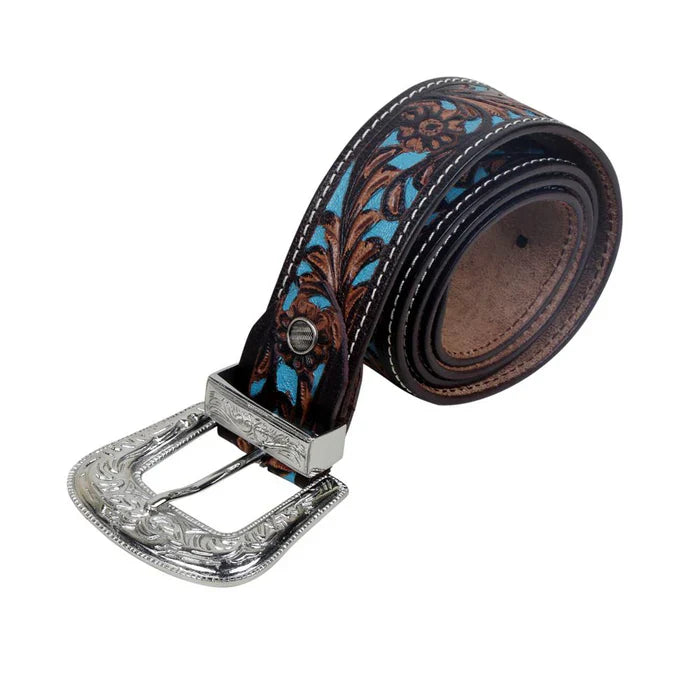 Myra Turquoise Floral Leather Belt with Antique Silver Buckle – Western Chic Women’s Accessory