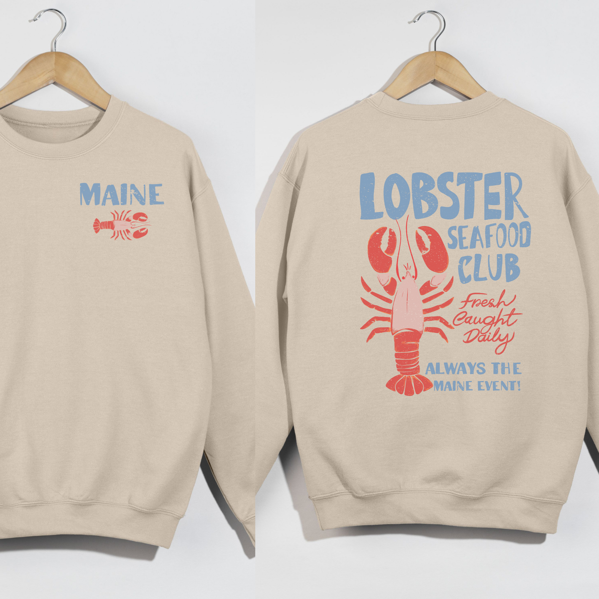 Maine Lobster Seafood Club Crewneck Sweatshirt – Coastal New England Lobster Graphic Pullover