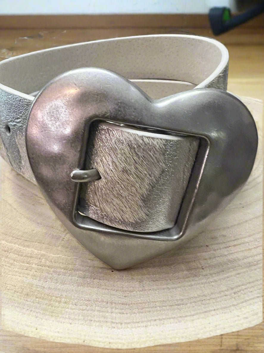 Vintage Love Heart Buckle w Cow Hair Leather Belt